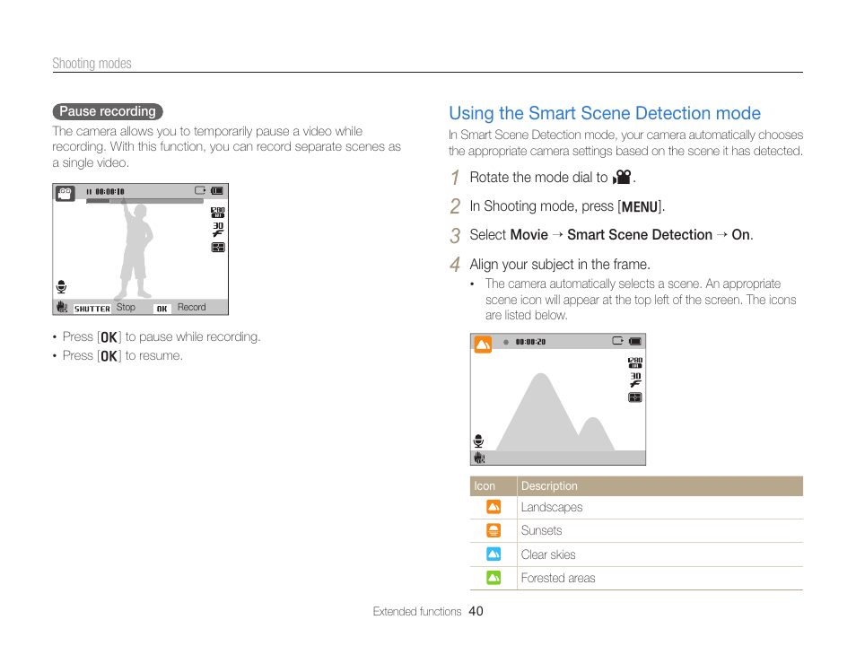 Using the smart scene detection mode, Using the smart scene detection mode … 40 | Samsung EC-PL170ZBPBUS User Manual | Page 41 / 127