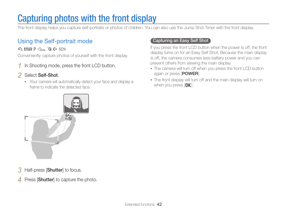 Capturing photos with the front display, Using the self-portrait mode, Using the self-portrait mode ……………… 42 | Samsung EC-PL170ZBPBUS User Manual | Page 43 / 127