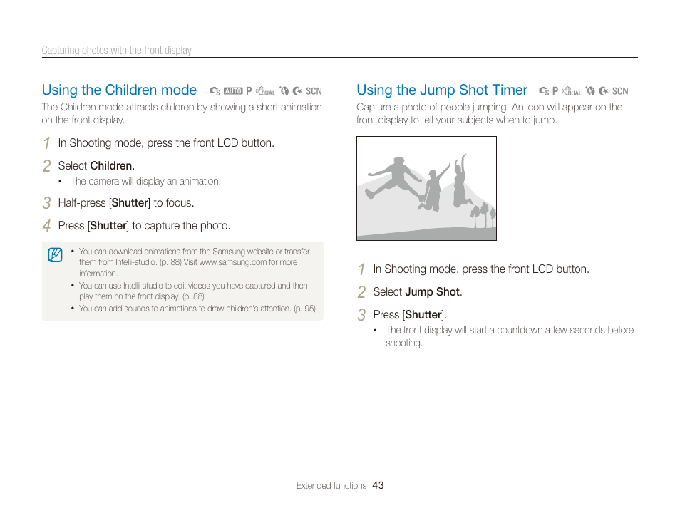 Using the children mode, Using the jump shot timer, Using the children mode ………………… 43 | Using the jump shot timer ……………… 43 | Samsung EC-PL170ZBPBUS User Manual | Page 44 / 127