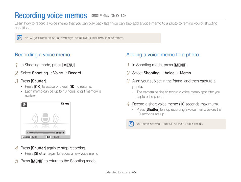 Recording voice memos, Recording a voice memo, Adding a voice memo to a photo | Recording a voice memo ………………… 45, Adding a voice memo to a photo ………… 45 | Samsung EC-PL170ZBPBUS User Manual | Page 46 / 127