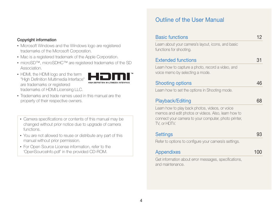 Outline of the user manual | Samsung EC-PL170ZBPBUS User Manual | Page 5 / 127