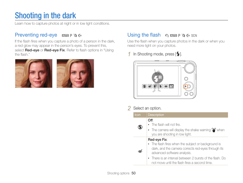 Shooting in the dark, Preventing red-eye, Using the flash | P. 50), Urn on the ﬂash. (p. 50), Using the ﬂash, Preventing red-eye ……………………… 50, Using the ﬂash …………………………… 50 | Samsung EC-PL170ZBPBUS User Manual | Page 51 / 127