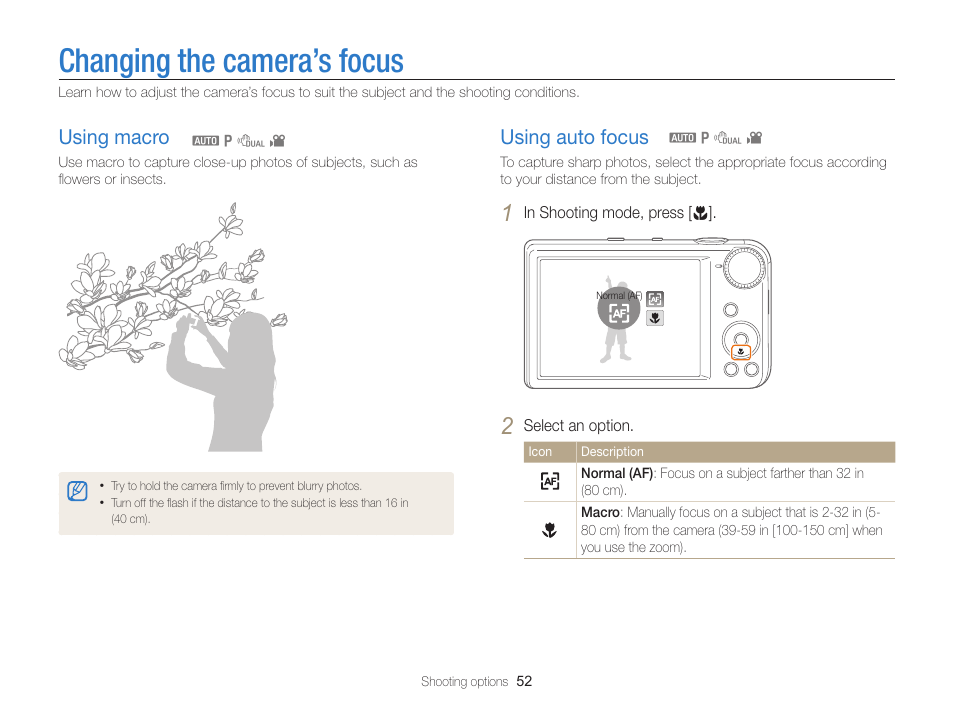 Changing the camera’s focus, Using macro, Using auto focus | Using macro ……………………………… 52, Using auto focus ………………………… 52 | Samsung EC-PL170ZBPBUS User Manual | Page 53 / 127