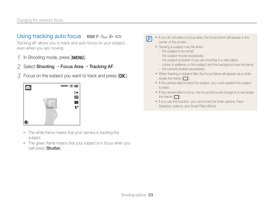 Using tracking auto focus, Using tracking auto focus ………………… 53 | Samsung EC-PL170ZBPBUS User Manual | Page 54 / 127