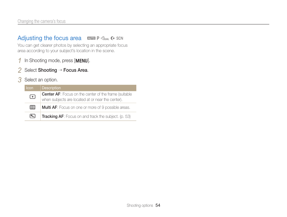 Adjusting the focus area, Adjusting the focus area ………………… 54 | Samsung EC-PL170ZBPBUS User Manual | Page 55 / 127