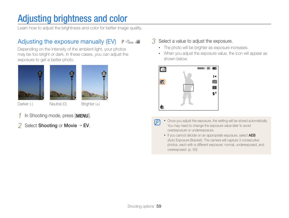 Adjusting brightness and color, Adjusting the exposure manually (ev), Adjust the exposure. (p. 59) | Adjusting the exposure manually (ev) …… 59 | Samsung EC-PL170ZBPBUS User Manual | Page 60 / 127