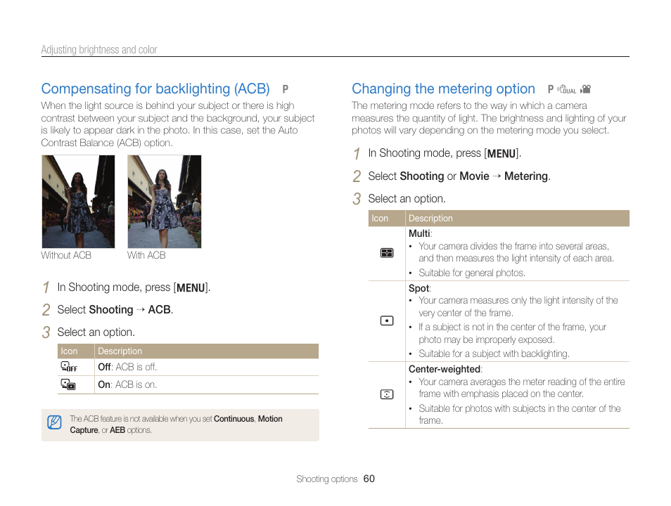 Compensating for backlighting (acb), Changing the metering option, Option. (p. 60) | Compensating for backlighting (acb) …… 60, Changing the metering option …………… 60 | Samsung EC-PL170ZBPBUS User Manual | Page 61 / 127