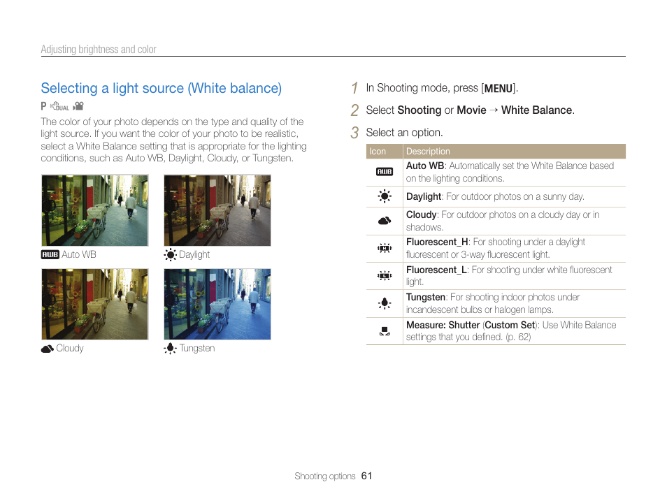 Selecting a light source (white balance), Selecting a light source (white balance) … 61 | Samsung EC-PL170ZBPBUS User Manual | Page 62 / 127