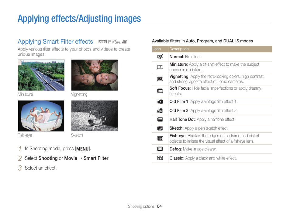 Applying effects/adjusting images, Applying smart filter effects, Applying smart filter effects ……………… 64 | Samsung EC-PL170ZBPBUS User Manual | Page 65 / 127