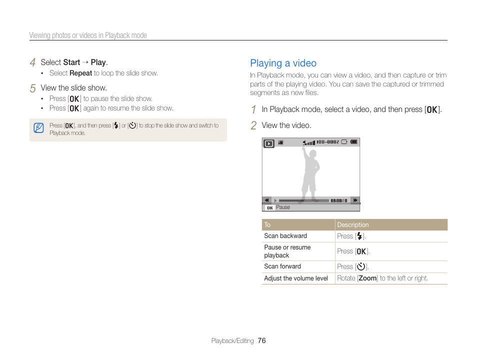 Playing a video, Playing a video …………………………… 76 | Samsung EC-PL170ZBPBUS User Manual | Page 77 / 127