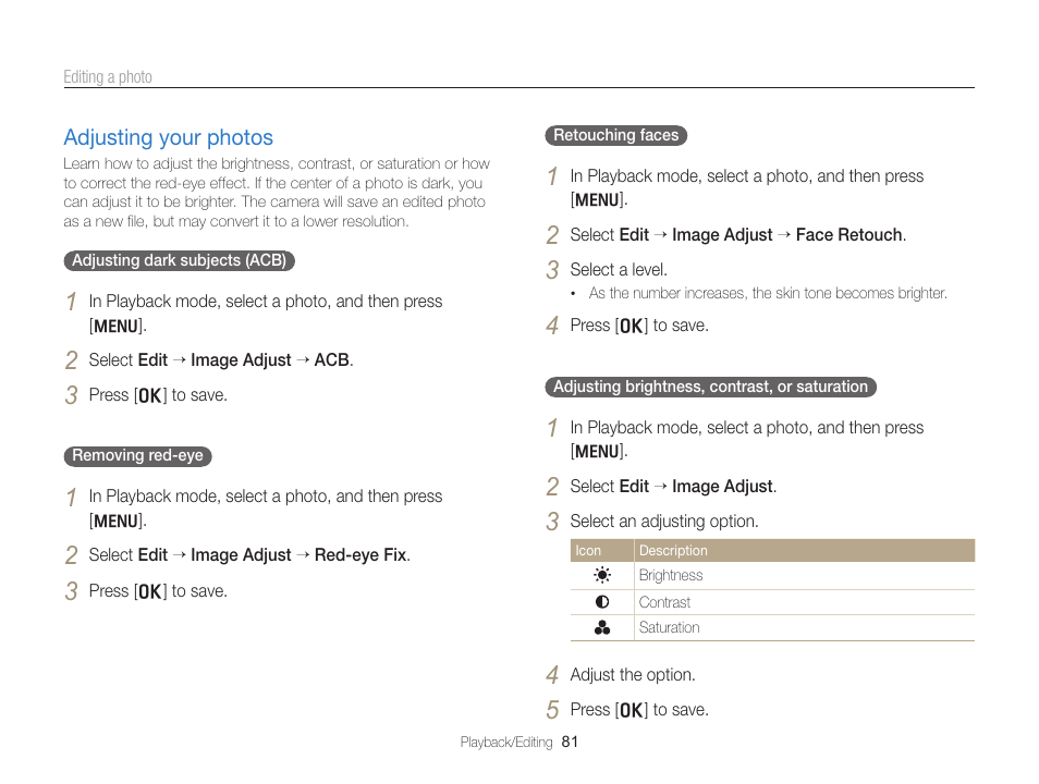 Adjusting your photos, In the edit menu. (p. 81), Adjusting your photos …………………… 81 | Samsung EC-PL170ZBPBUS User Manual | Page 82 / 127