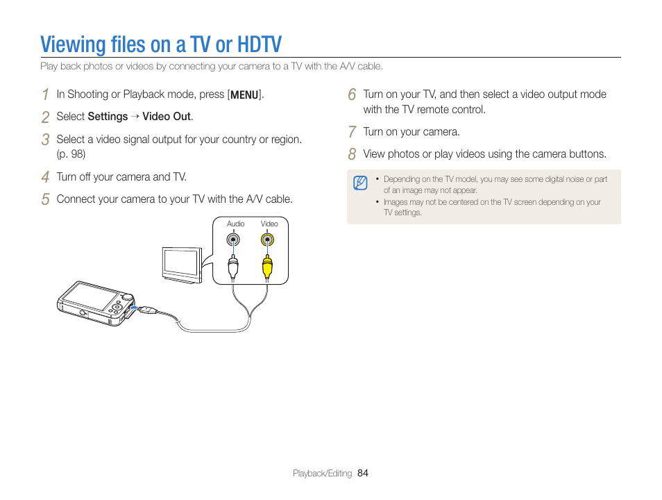 Viewing files on a tv or hdtv, Viewing ﬁles on a tv or hdtv | Samsung EC-PL170ZBPBUS User Manual | Page 85 / 127