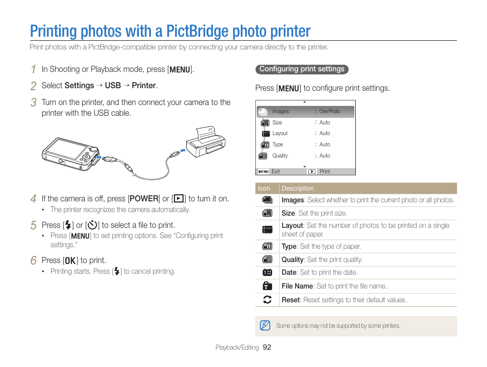 Printing photos with a pictbridge photo printer, Printing photos with a pictbridge, Photo printer | Samsung EC-PL170ZBPBUS User Manual | Page 93 / 127