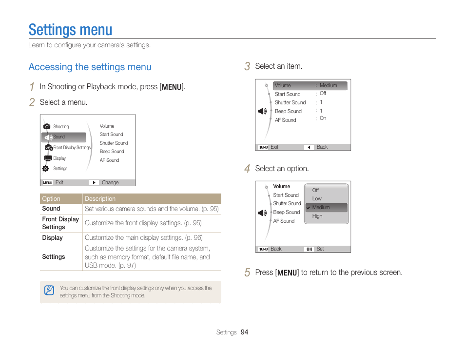 Settings menu, Accessing the settings menu, Accessing the settings menu ……………………… 94 | Samsung EC-PL170ZBPBUS User Manual | Page 95 / 127