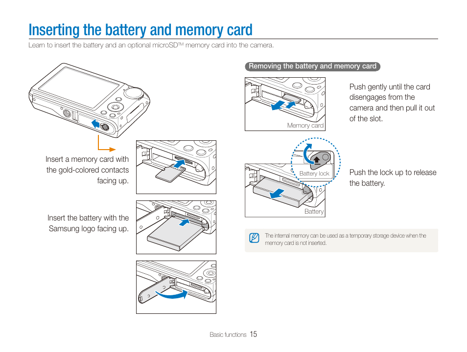 Inserting the battery and memory card | Samsung EC-TL210ZBPRUS User Manual | Page 16 / 108