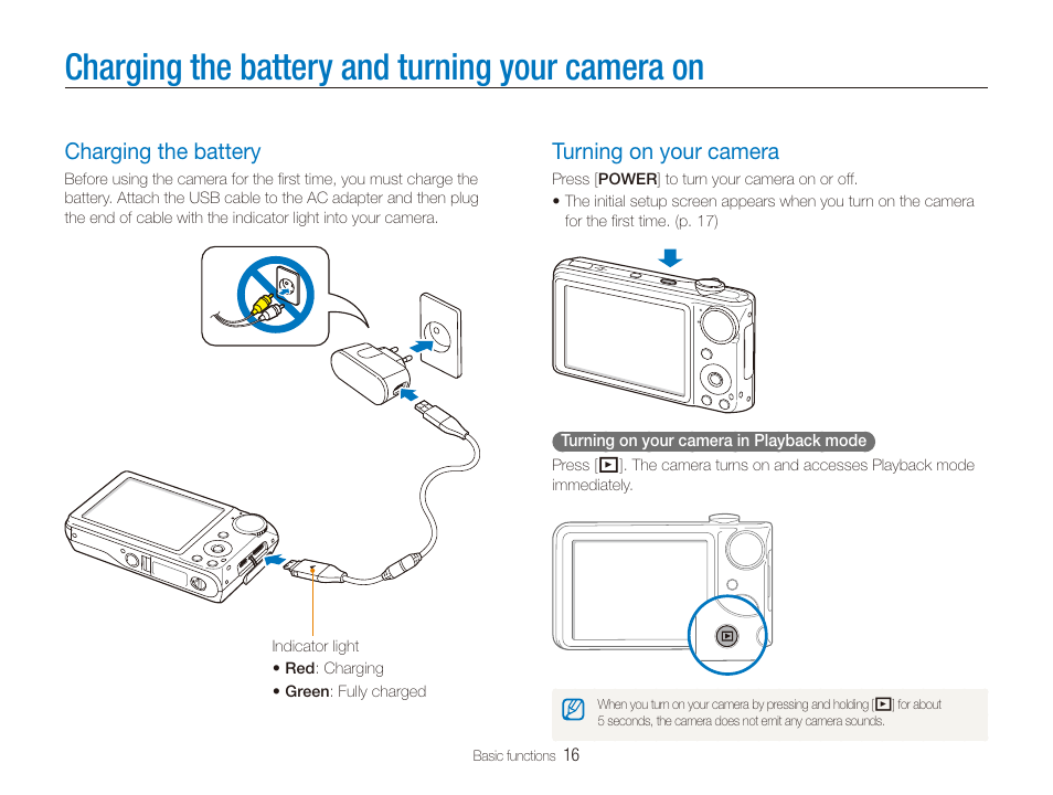 Charging the battery and turning your camera on, Charging the battery, Turning on your camera | Samsung EC-TL210ZBPRUS User Manual | Page 17 / 108