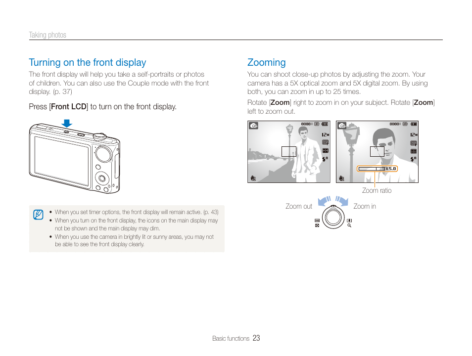 Turning on the front display, Zooming | Samsung EC-TL210ZBPRUS User Manual | Page 24 / 108