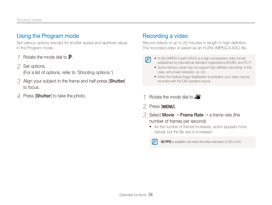 Using the program mode, Recording a video | Samsung EC-TL210ZBPRUS User Manual | Page 35 / 108