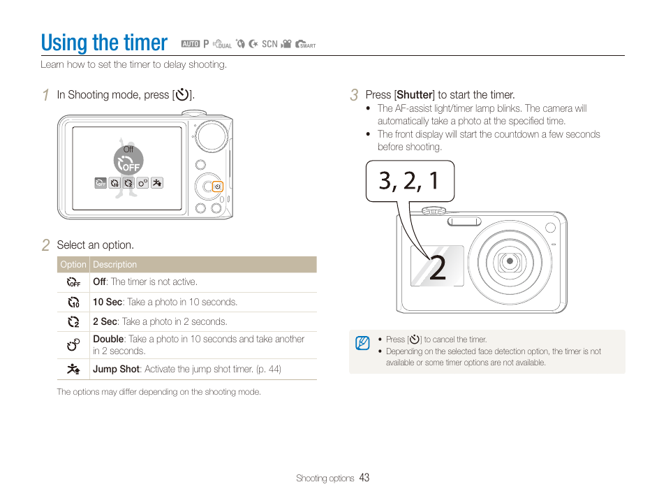 Using the timer | Samsung EC-TL210ZBPRUS User Manual | Page 44 / 108