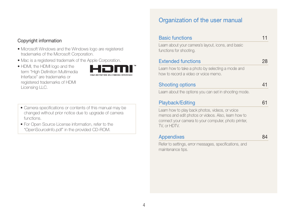 Organization of the user manual | Samsung EC-TL210ZBPRUS User Manual | Page 5 / 108