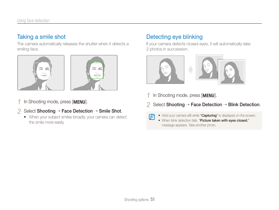 Taking a smile shot, Detecting eye blinking, Taking a smile shot …………………………… 51 | Detecting eye blinking ……………………… 51 | Samsung EC-TL210ZBPRUS User Manual | Page 52 / 108