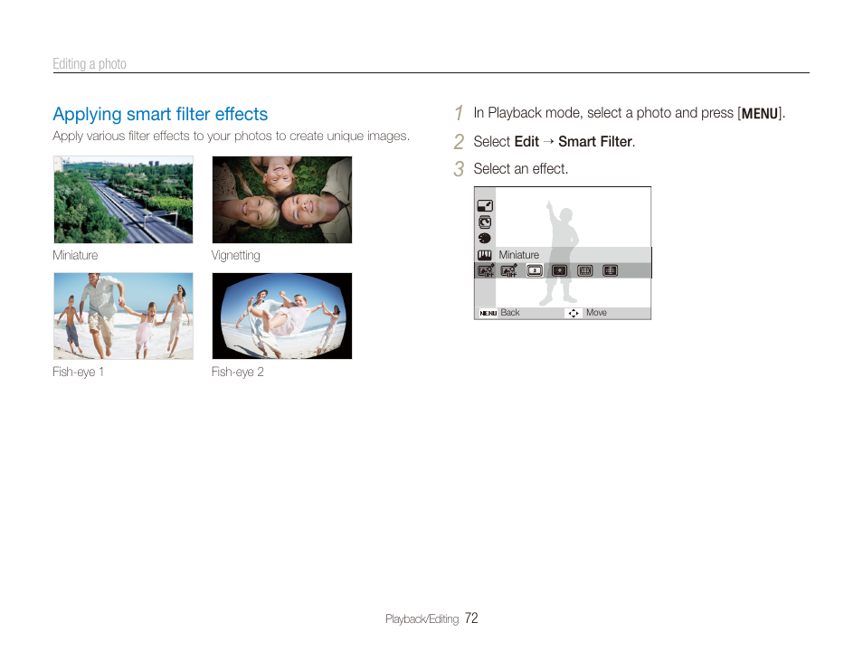 Applying smart filter effects, Applying smart ﬁlter effects ………………… 72, Applying smart ﬁlter effects | Samsung EC-TL210ZBPRUS User Manual | Page 73 / 108