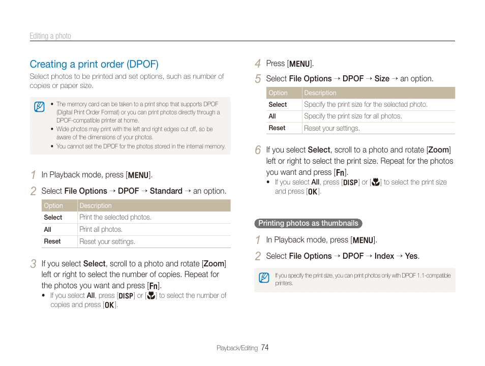 Creating a print order (dpof), Creating a print order (dpof) ………………… 74 | Samsung EC-TL210ZBPRUS User Manual | Page 75 / 108