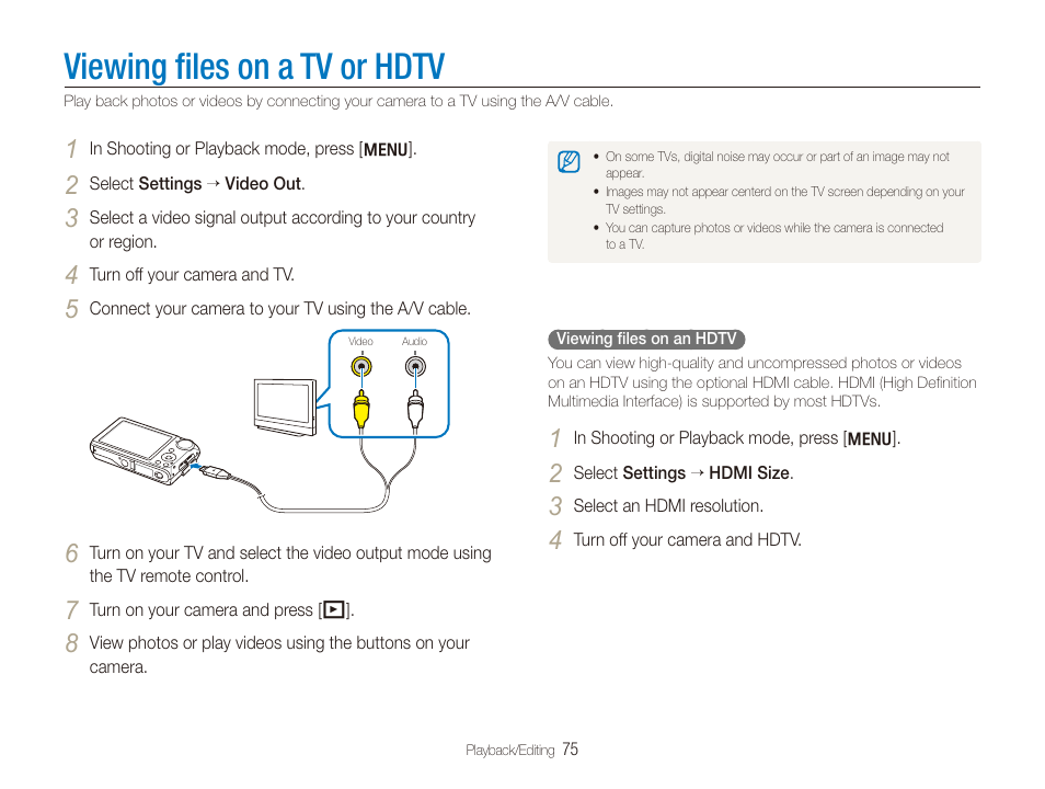 Viewing files on a tv or hdtv, Viewing ﬁles on a tv or hdtv | Samsung EC-TL210ZBPRUS User Manual | Page 76 / 108