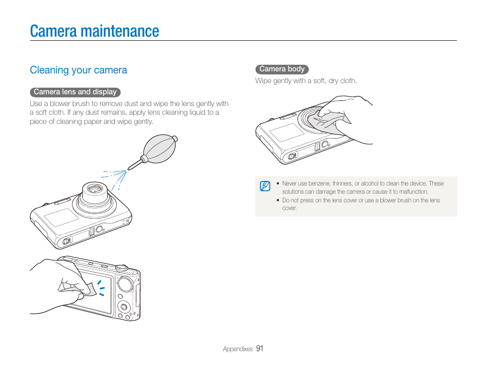 Camera maintenance, Cleaning your camera | Samsung EC-TL210ZBPRUS User Manual | Page 92 / 108