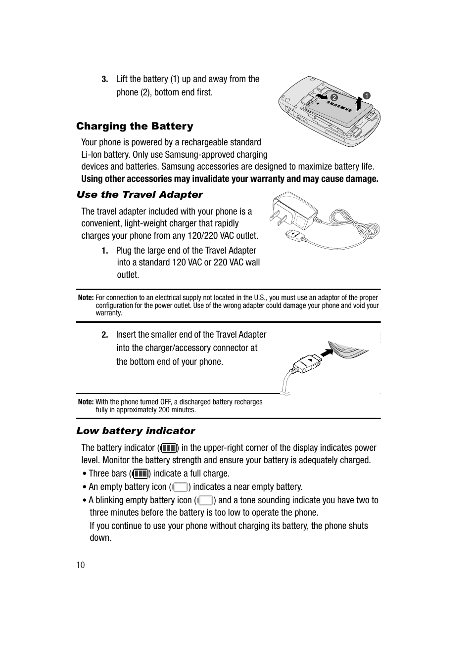 Charging the battery, Use the travel adapter, Low battery indicator | Samsung SCH-U520ZNAUSC User Manual | Page 10 / 192