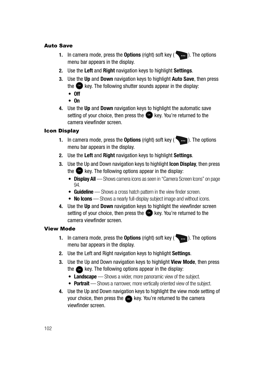 Auto save, Icon display, View mode | Samsung SCH-U520ZNAUSC User Manual | Page 102 / 192