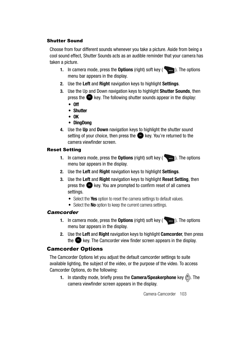 Shutter sound, Reset setting, Camcorder | Camcorder options | Samsung SCH-U520ZNAUSC User Manual | Page 103 / 192