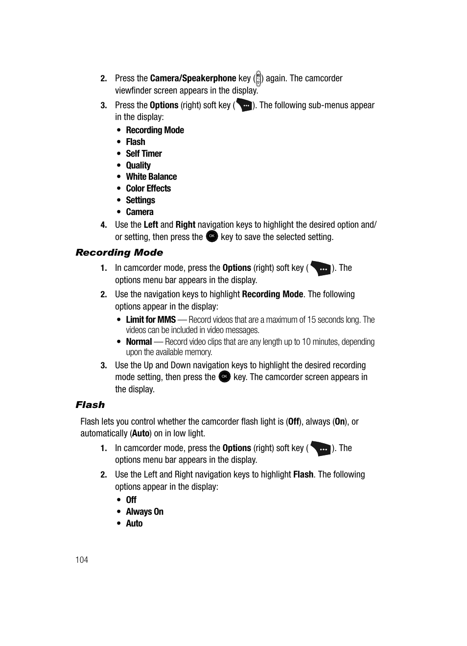 Recording mode, Flash | Samsung SCH-U520ZNAUSC User Manual | Page 104 / 192