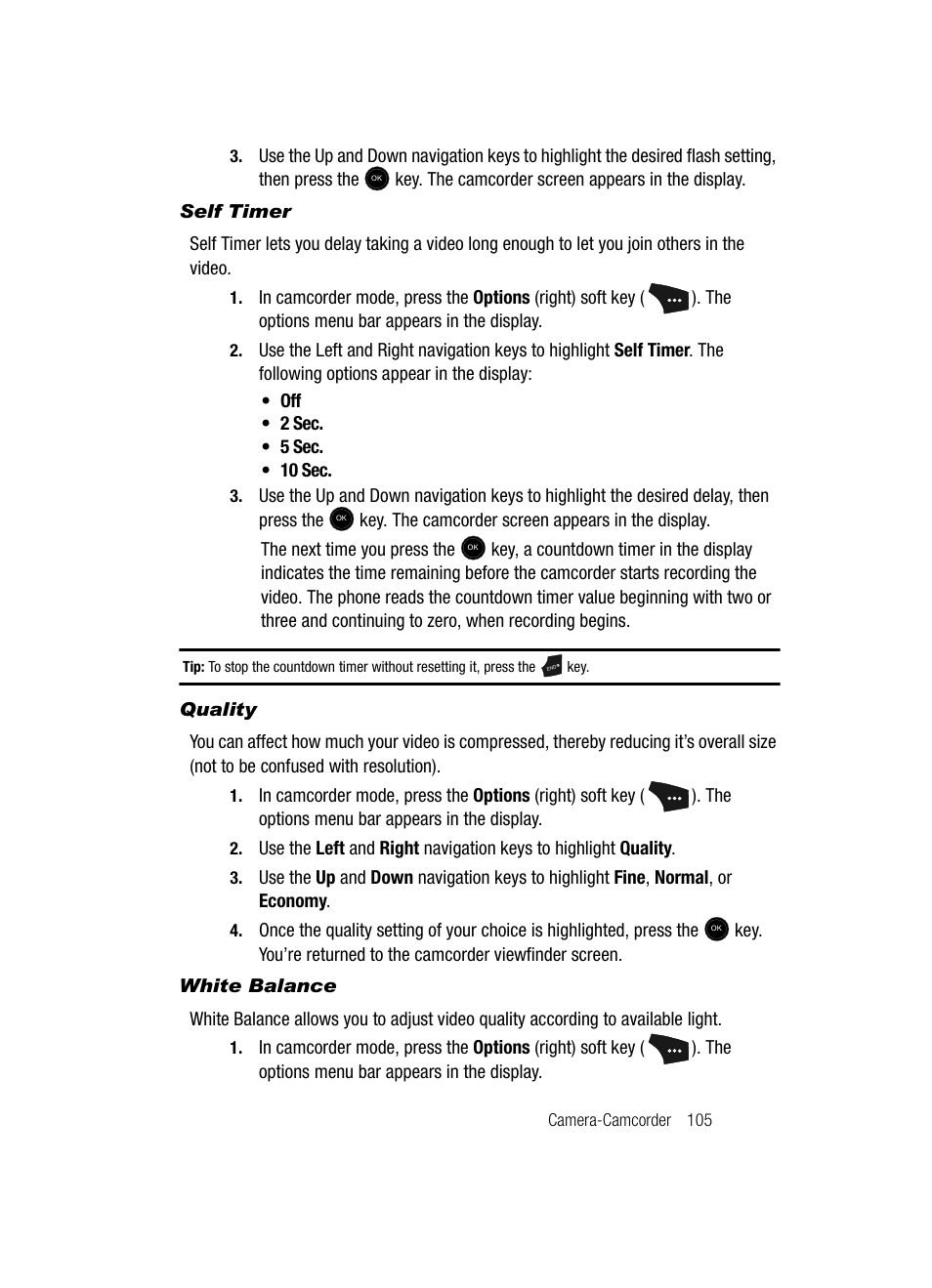 Self timer, Quality, White balance | Samsung SCH-U520ZNAUSC User Manual | Page 105 / 192