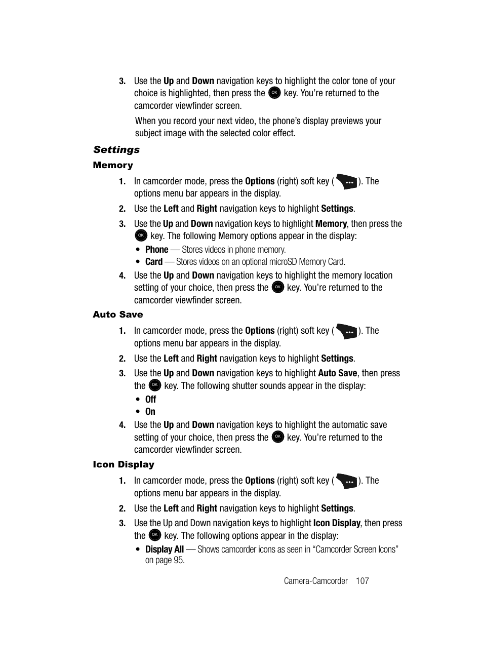 Settings, Memory, Auto save | Icon display | Samsung SCH-U520ZNAUSC User Manual | Page 107 / 192