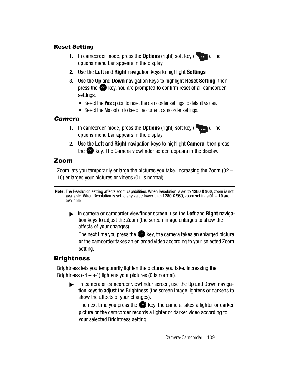 Reset setting, Camera, Zoom | Brightness, Zoom brightness | Samsung SCH-U520ZNAUSC User Manual | Page 109 / 192
