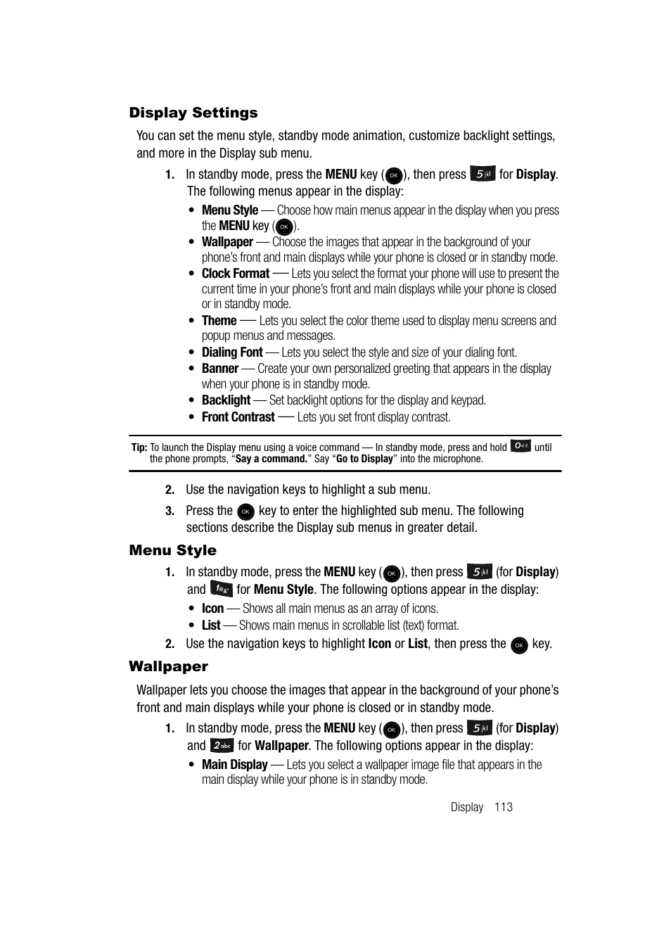 Display settings, Menu style, Wallpaper | Display settings menu style wallpaper | Samsung SCH-U520ZNAUSC User Manual | Page 113 / 192