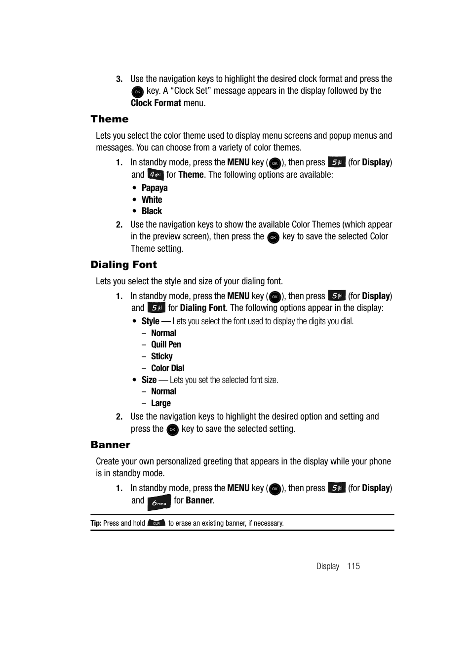 Theme, Dialing font, Banner | Theme dialing font banner | Samsung SCH-U520ZNAUSC User Manual | Page 115 / 192