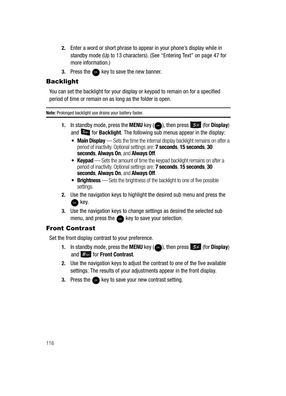 Backlight, Front contrast, Backlight front contrast | Samsung SCH-U520ZNAUSC User Manual | Page 116 / 192