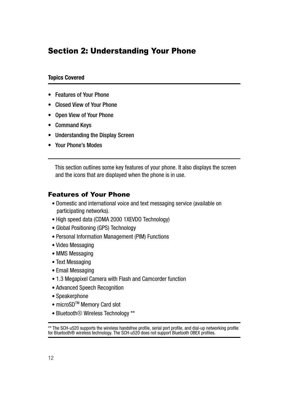 Section 2: understanding your phone, Features of your phone, Understanding your phone | Samsung SCH-U520ZNAUSC User Manual | Page 12 / 192