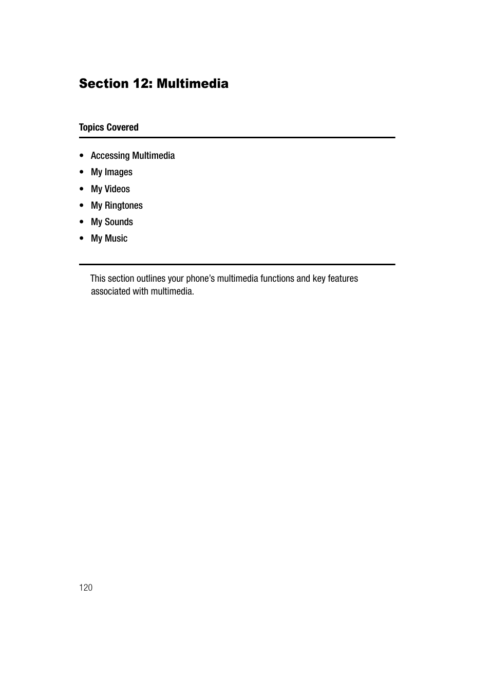 Section 12: multimedia, Multimedia | Samsung SCH-U520ZNAUSC User Manual | Page 120 / 192