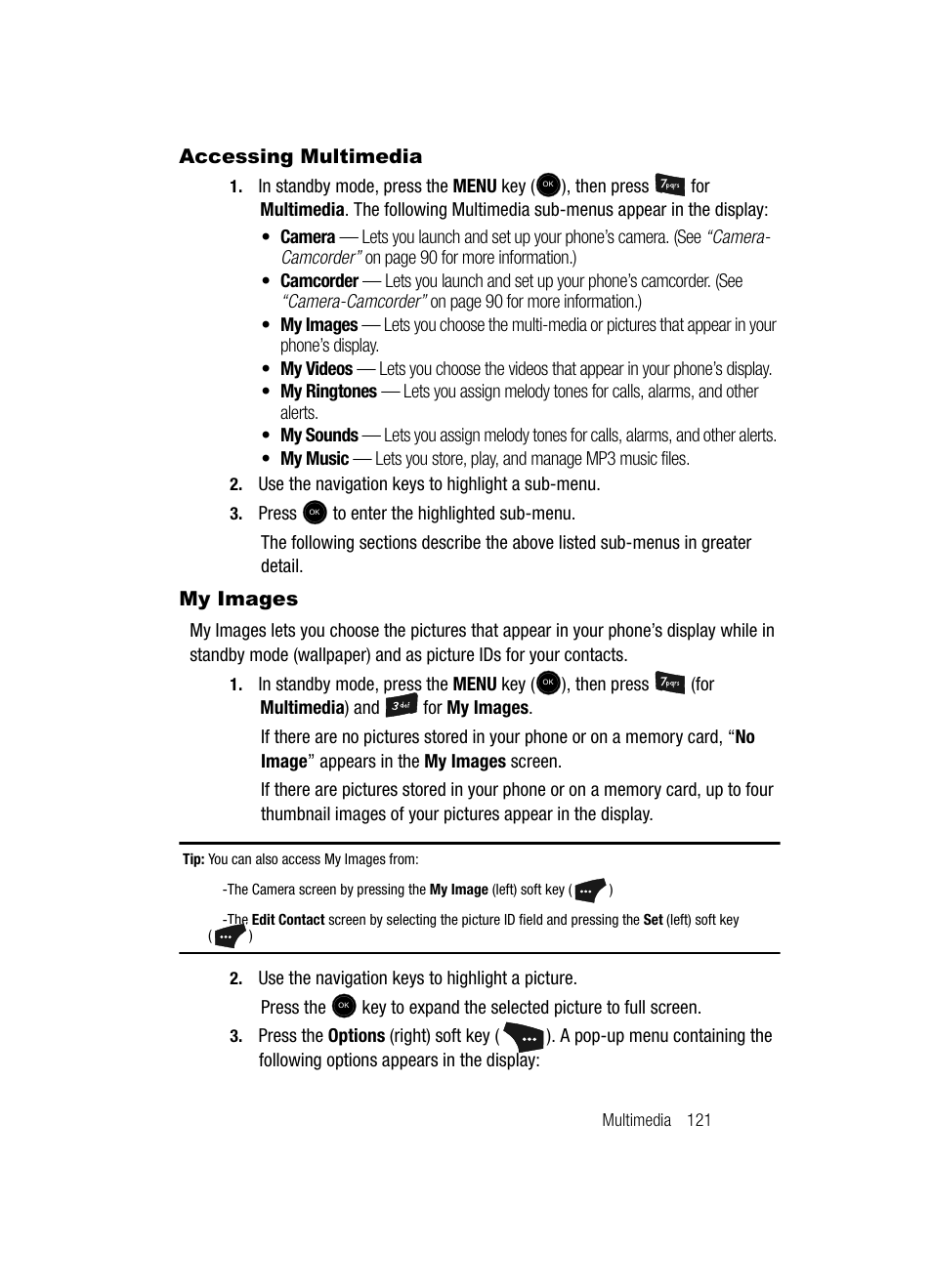 Accessing multimedia, My images, Accessing multimedia my images | Samsung SCH-U520ZNAUSC User Manual | Page 121 / 192