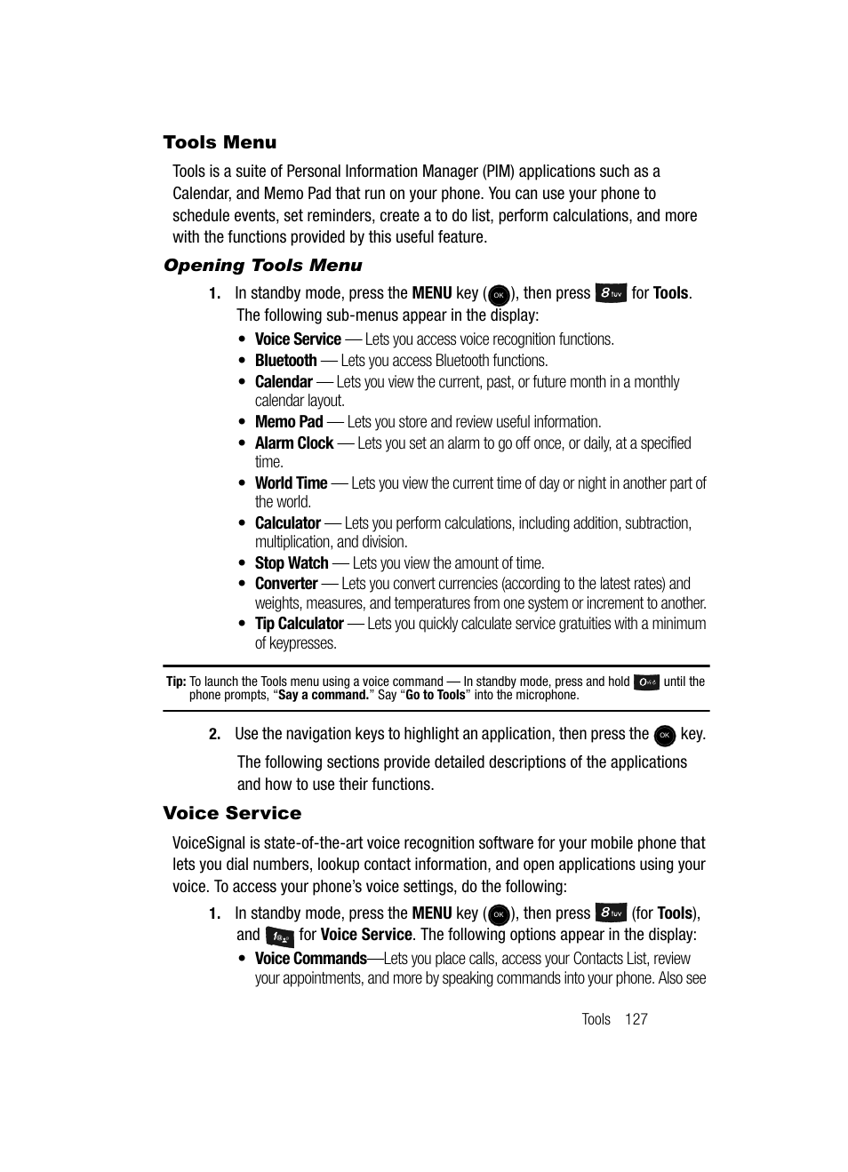 Tools menu, Opening tools menu, Voice service | Tools menu voice service | Samsung SCH-U520ZNAUSC User Manual | Page 127 / 192