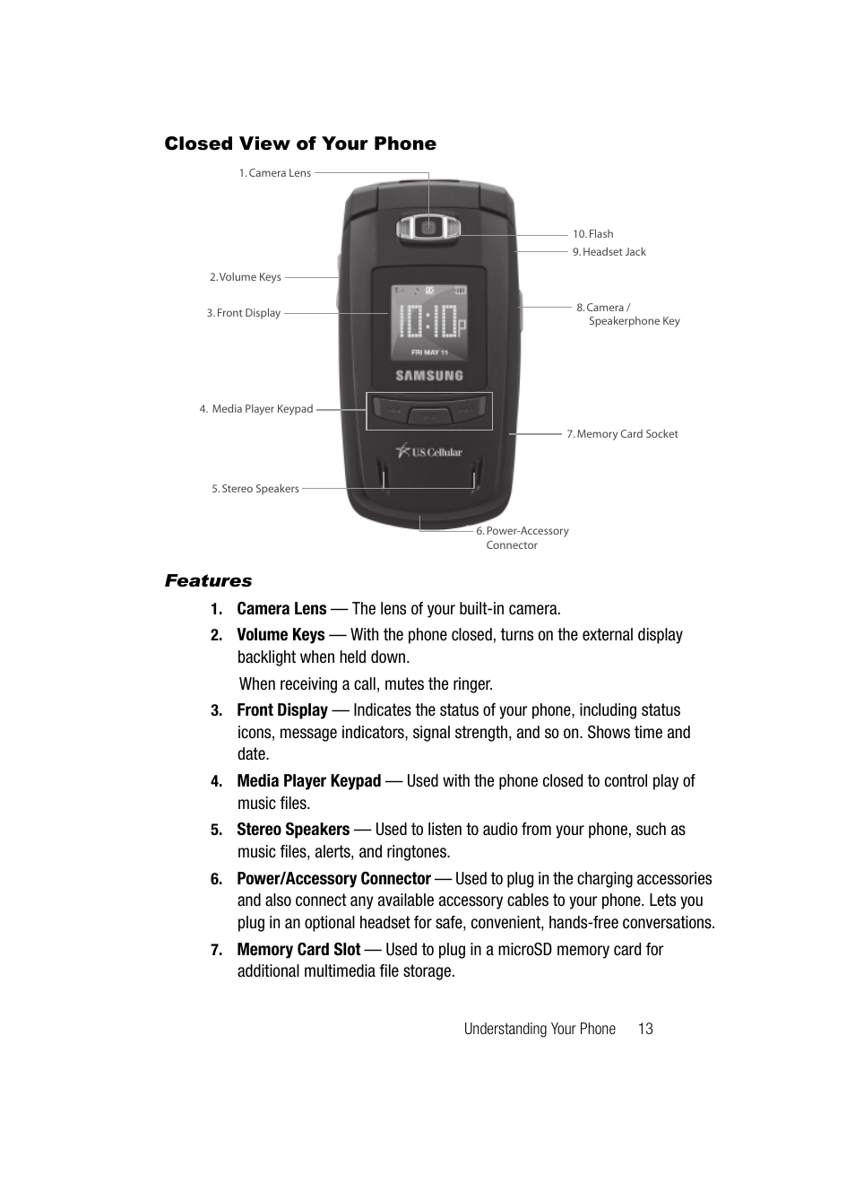 Closed view of your phone, Features | Samsung SCH-U520ZNAUSC User Manual | Page 13 / 192