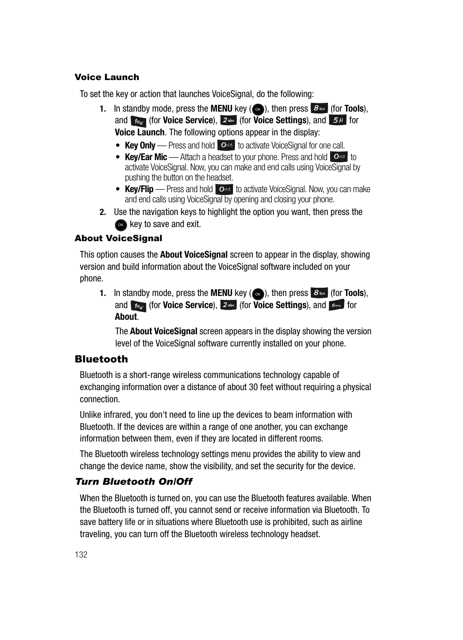Voice launch, About voicesignal, Bluetooth | Turn bluetooth on/off, E “voice launch” on | Samsung SCH-U520ZNAUSC User Manual | Page 132 / 192