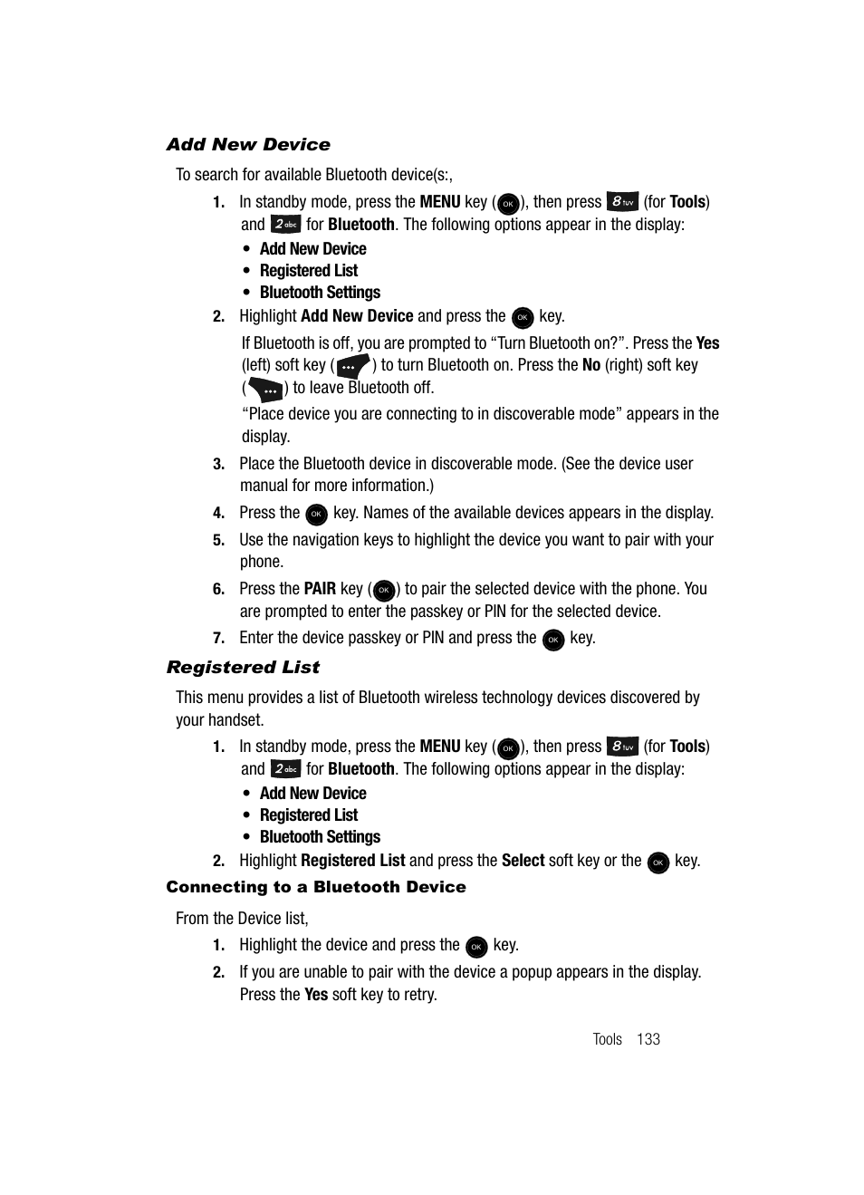 Add new device, Registered list, Connecting to a bluetooth device | Samsung SCH-U520ZNAUSC User Manual | Page 133 / 192