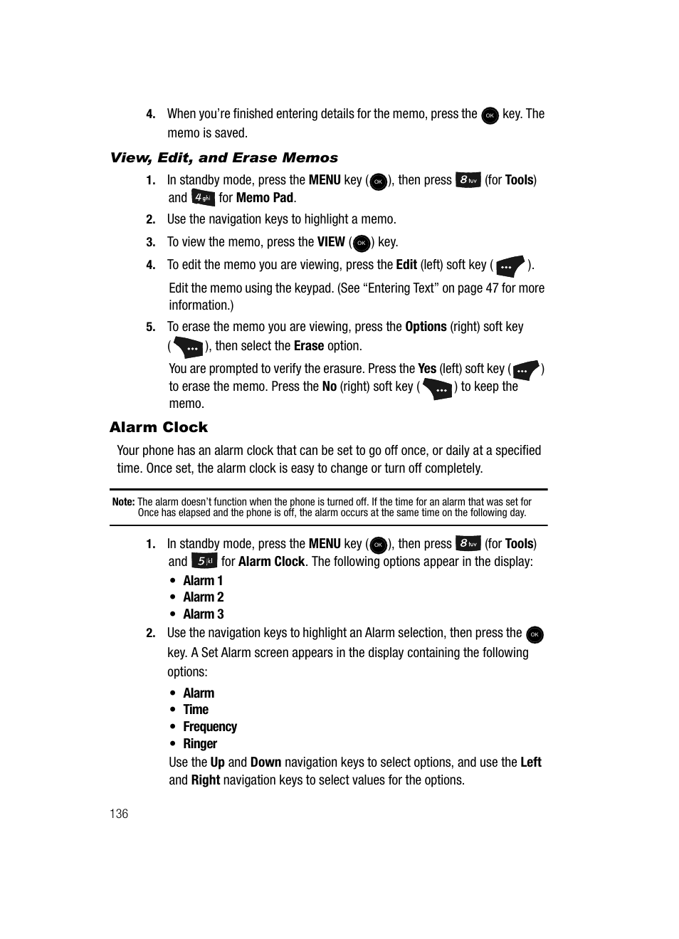 View, edit, and erase memos, Alarm clock | Samsung SCH-U520ZNAUSC User Manual | Page 136 / 192