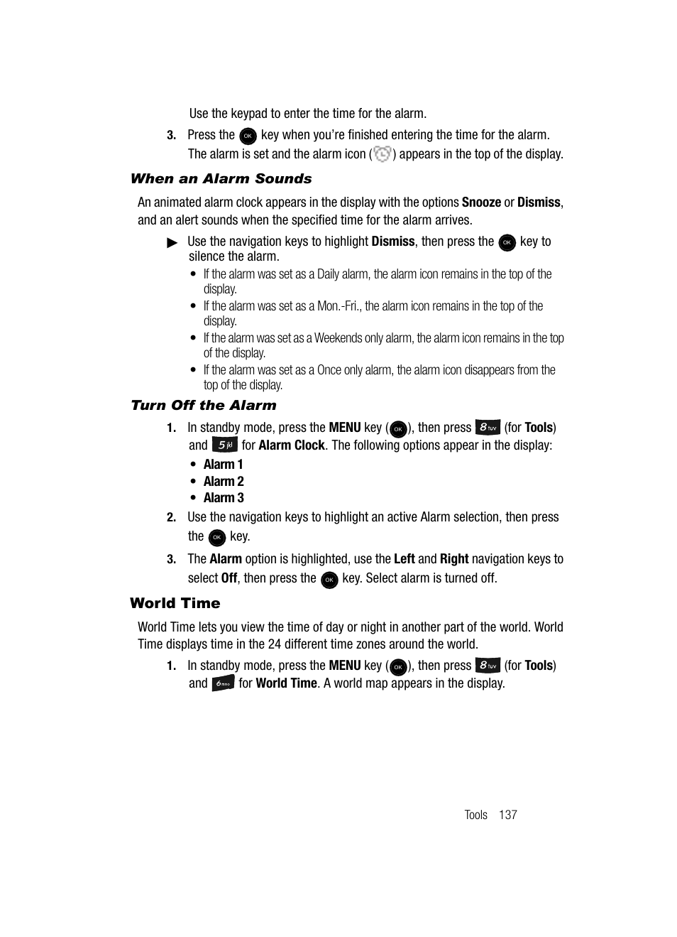 When an alarm sounds, Turn off the alarm, World time | Samsung SCH-U520ZNAUSC User Manual | Page 137 / 192