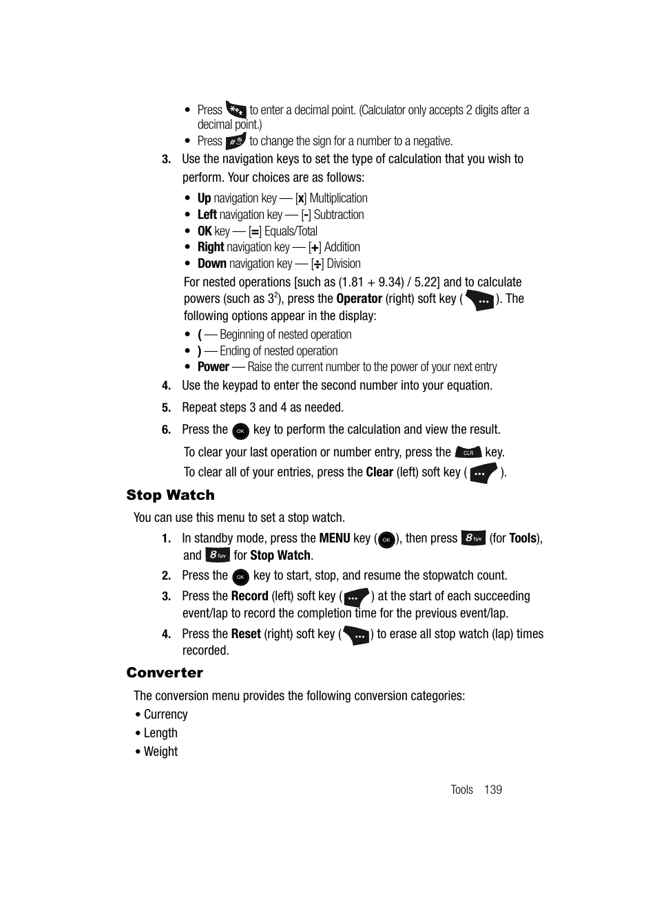 Stop watch, Converter, Stop watch converter | Samsung SCH-U520ZNAUSC User Manual | Page 139 / 192