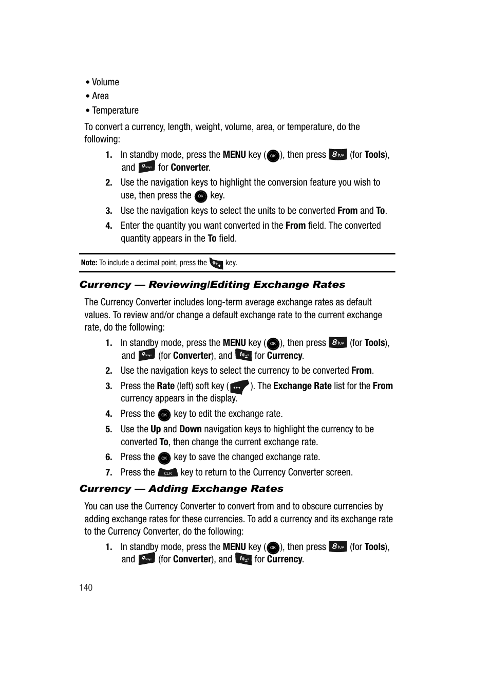 Currency - reviewing/editing exchange rates, Currency - adding exchange rates | Samsung SCH-U520ZNAUSC User Manual | Page 140 / 192